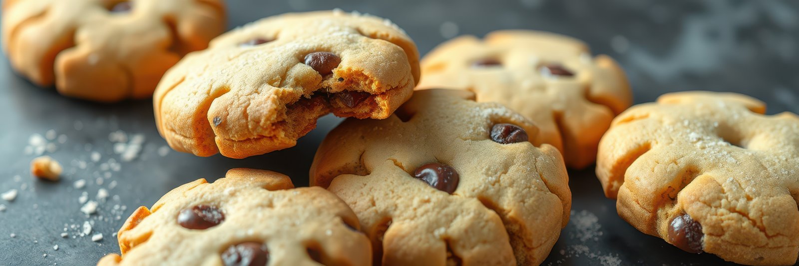 Freshly baked chocolate chip cookies cooling on a black surface with a crumbly bite taken out